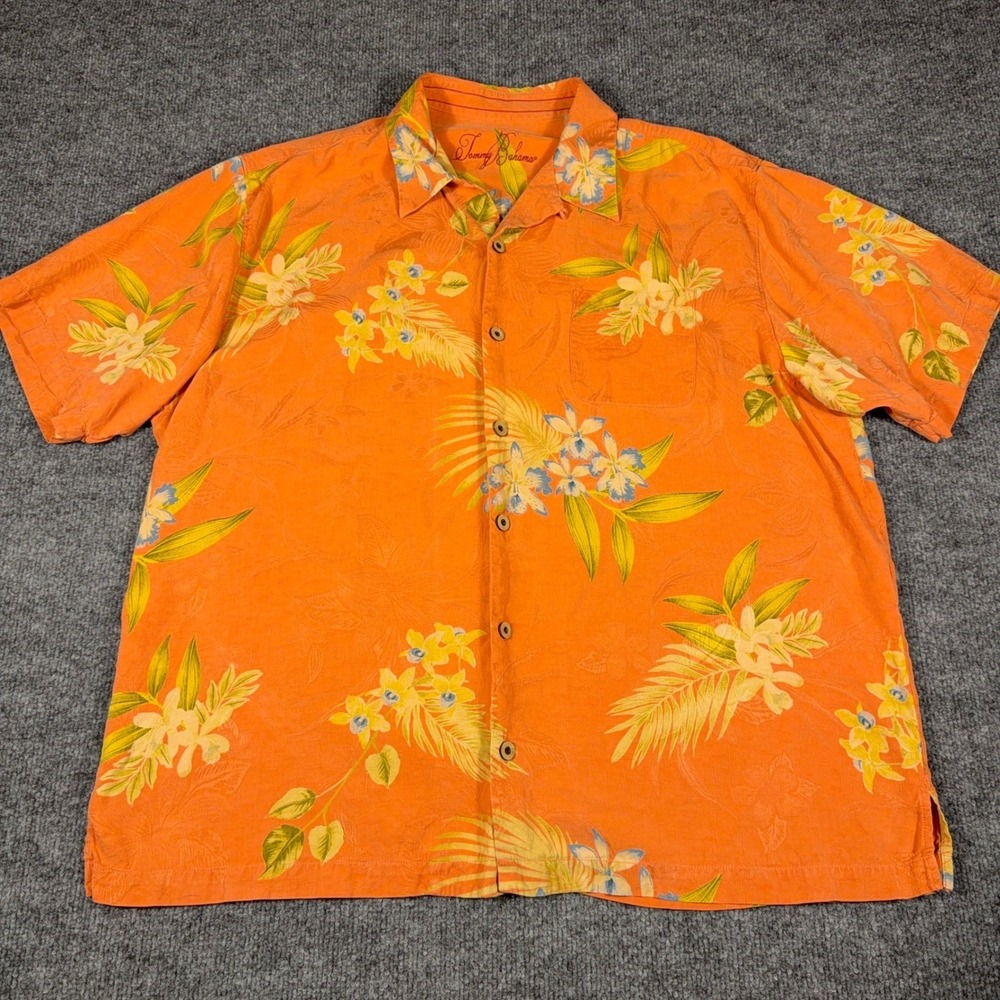 Tommy Bahama Mens XL Silk Floral Shirt Orange Tropical Short Sleeve Button Up